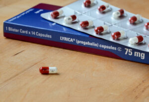 A closeup of a sample pack of Lyrica.